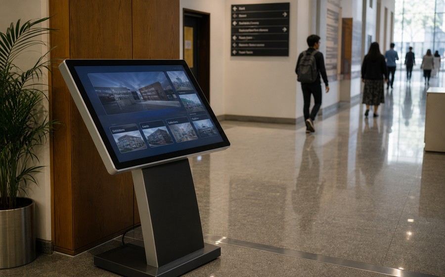 AI-generated realistic interactive kiosk in a public lobby