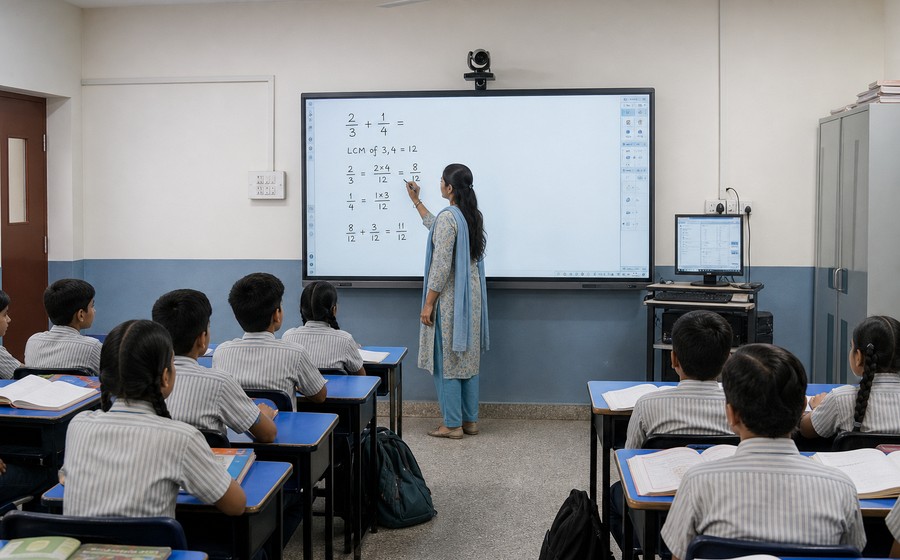 AI-generated realistic interactive whiteboard classroom scene
