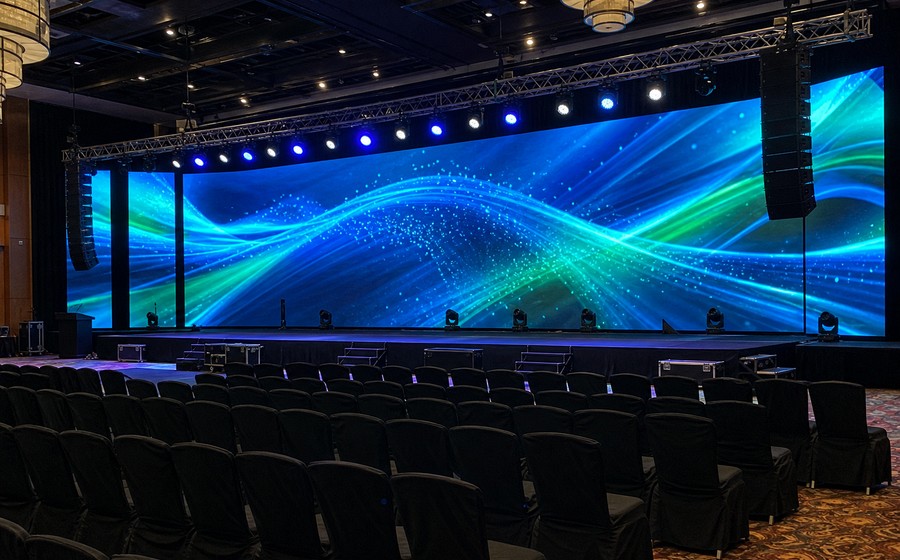 AI-generated realistic LED video wall auditorium installation