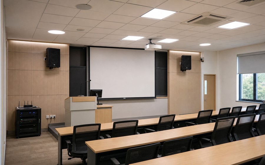 AI-generated realistic lecture hall presentation audio system