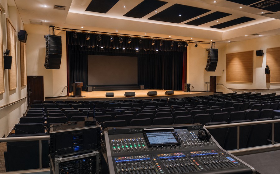 AI-generated realistic auditorium pro audio system
